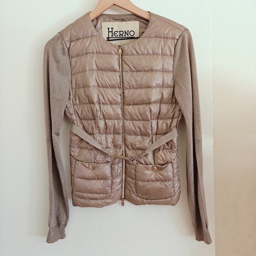 Herno Gold Down Feather & Silk Cashmere Sleeves Puffer Belted Front Zip Jacket 6